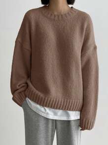 DAZY Women's Crew Neck Long Sleeve Solid Color Casual Loose Comfortable Pullover Sweater,Long Sleeve Tops,Fall Women Clothes - Mocha Brown - View 2