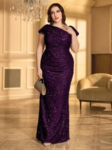 UNITHORSE Đầm dạ hội cỡ lớn đính sequin xếp ly cổ bất đối xứng, thích hợp dự tiệc, đám cưới, dạ tiệc, cô dâu, sinh nhật, lễ phục tốt nghiệp. - Màu tím - Xem 6