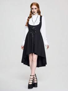 ROMWE Goth 男女通用复古哥特式收腰不对称中长连衣裙 - 黑色 - 查看 1