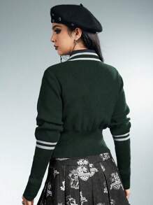 Harry Potter | ROMWE Slytherin House Contrast Piping Cardigan For Women - Dark Green - View 4