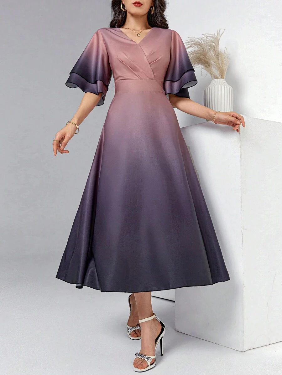 Modelyn 女士优雅渐变色 V 领荷叶边下摆长裙，夏季超长女士装长款晚礼服 - 彩色 - 查看 1