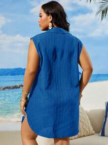 SHEIN Swim Curve Vestido de playa de verano holgado, sin mangas, de cuello vuelto y unicolor, para vacaciones, tallas grandes para mujeres - Azul - Ver 2