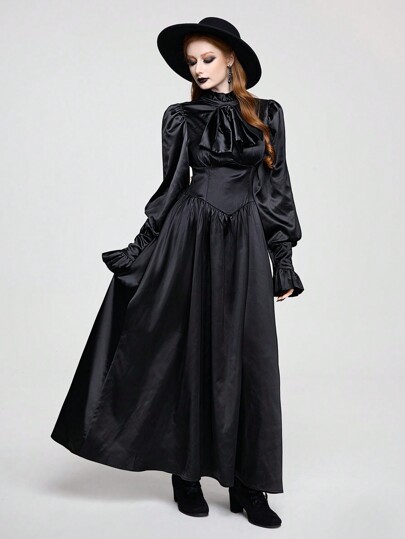 Goth Court Style Silk Solid Black High Neck Long Sleeve Puff Sleeve Cinched Waist Women Long Dress
