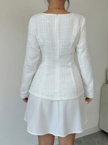 Elenzga Women's Square Collar Long Sleeve Ruffle Hem Tweed Dress - White - View 2