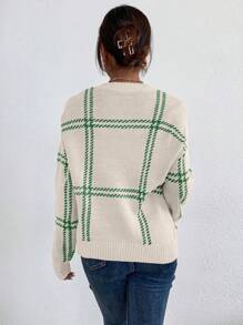 SHEIN LUNE 格纹落肩针织衫，休闲风格，适合春秋穿着，长袖上衣，针织套头衫，秋冬款 - 米色 - 查看 2