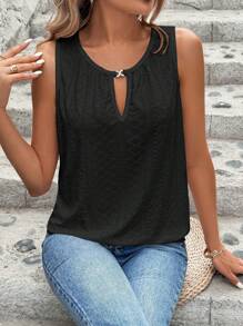 SHEIN LUNE 女士刺绣纽扣孔领纯色休闲背心 - 黑色 - 查看 4