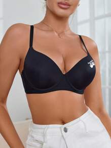 Women's Comfortable Seamless Bra With Letter & Strawberry Print , Black - Black - View 5