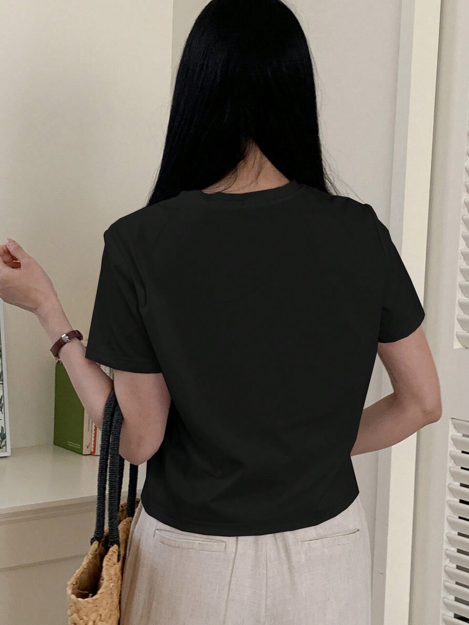 Women's Summer Casual Heart Pattern Short Sleeve Black Tee