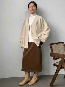 FRIFUL 女士长袖单排扣长款宽松优雅纯色常规外套，秋冬女士夹克 - 杏色 - 查看 2