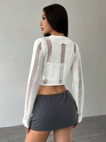 Flirla Sexy Distressed Sweater For Women, Knit Pullover Fall Winter - White - View 2