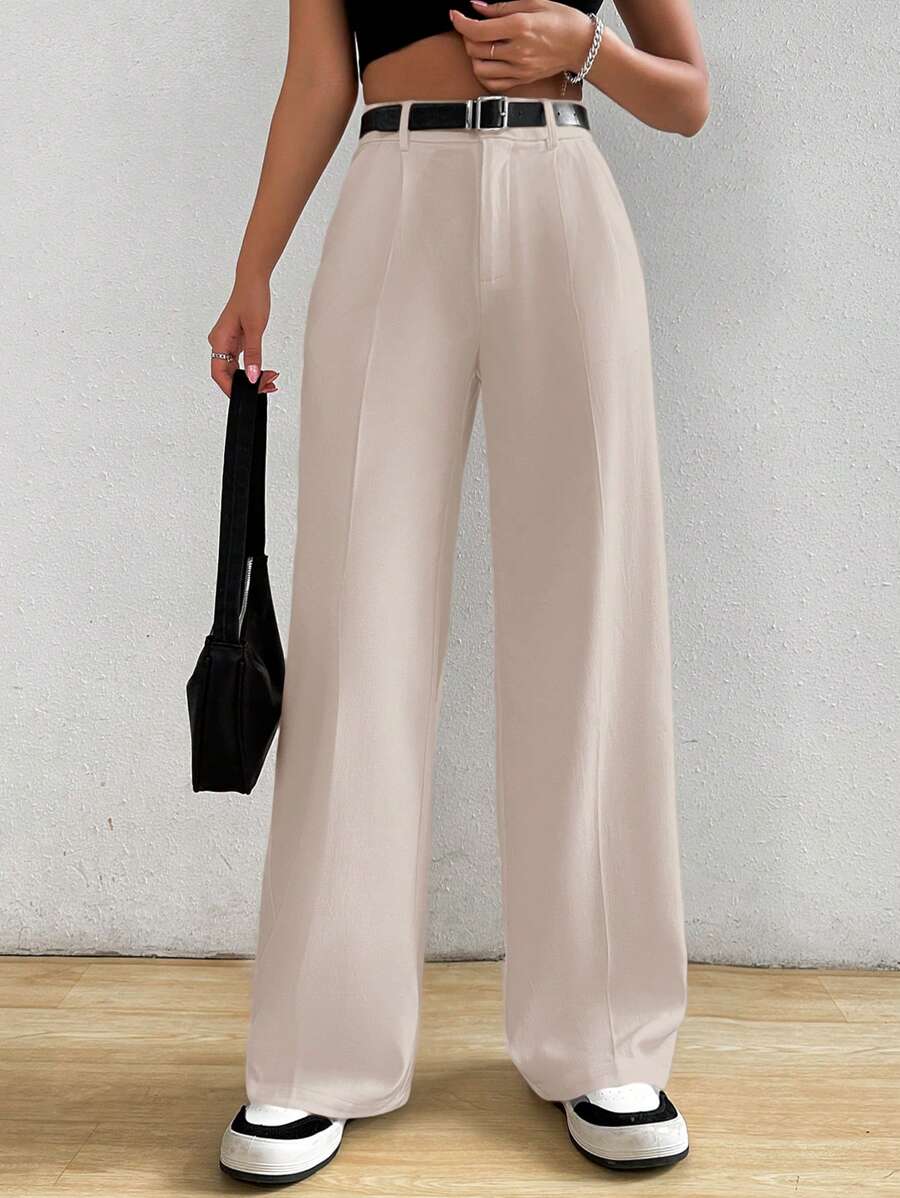 SHEIN EZwear Women Solid Color Toothpick Straight Loose Casual Trousers - Apricot - View 1
