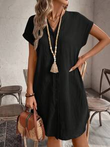 EMERY ROSE 女士休闲纯色 V 领蝙蝠袖单排扣直筒连衣裙，夏季