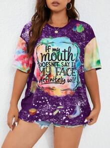SHEIN LUNE Áo thun in chữ tay ngắn cổ tròn cỡ lớn, trang phục thường ngày - Màu tím - Xem 5