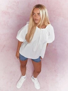 MISSGUIDED Ruched Neck Balloon Short Sleeves Top - White - View 5