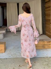 DAZY Damen Maxikleid mit Blumen Muster, Patchwork und Rüschen Ärmeln für den Urlaub