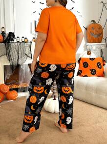 Halloween Pumpkin & Ghost Letter Print Plus Size Pajama Set - Multicolor - View 2