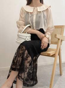 FRIFUL 2pcs Women's Plain Peter Pan Collar Sheer Long Sleeve Top & Lace Trim Slip Dress Set,Ruffle - Black - View 8