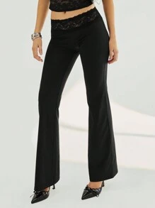 Aloruh Quần ống loe ren đen trơn màu cho nữ cạp trễ thắt nơ - màu đen - Xem 5