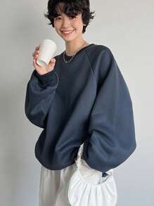 Women's Loose Fit Solid Color Fleece Pullover With Drawstring Back,Fall Women Clothes Sweatshirt,Winter - Blue - View 5