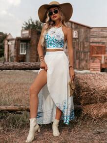 Breezaya 2 件套：露背花卉印花上衣，后系带和 A 字开衩裙，休闲度假装 - 淺藍色 - 查看 5