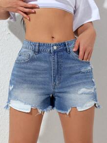 SHEIN EZwear Front Button, Multiple Pockets, Distressed Hem Denim Shorts, Casual Everyday - Blue - View 6