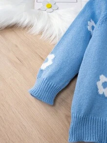 SHEIN 年轻女孩圆领长袖花卉图案毛衣，休闲日常穿着 - 藍色 - 查看 3