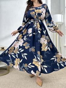 Lacomfia Gaun Panjang Bermotif Bunga Ukuran Besar dengan Sabuk, Gaun Maxi Wanita Motif Acak, Pakaian Musim Gugur untuk Wanita - Navy Blue - View 1