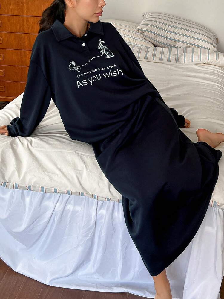 Conjunto de Roupa Casual e Pijama com Estampa de Coelho em Desenho de Linha, Moletom com Gola e Saia Curta