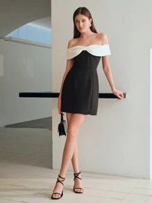 MOTF STUDIO 双色蝴蝶结翻领露肩短裙，新年装扮 - 黑與白 - 查看 5
