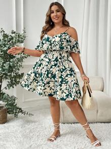 SHEIN VCAY Đầm suông hở vai in họa tiết hoa cỡ lớn cho nữ - Màu xanh lá cây đậm - Xem 7