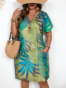 EMERY ROSE 大码女式双口袋时尚 V 领宽松夏季印花乡村连衣裙 - 橄欖綠 - 查看 6