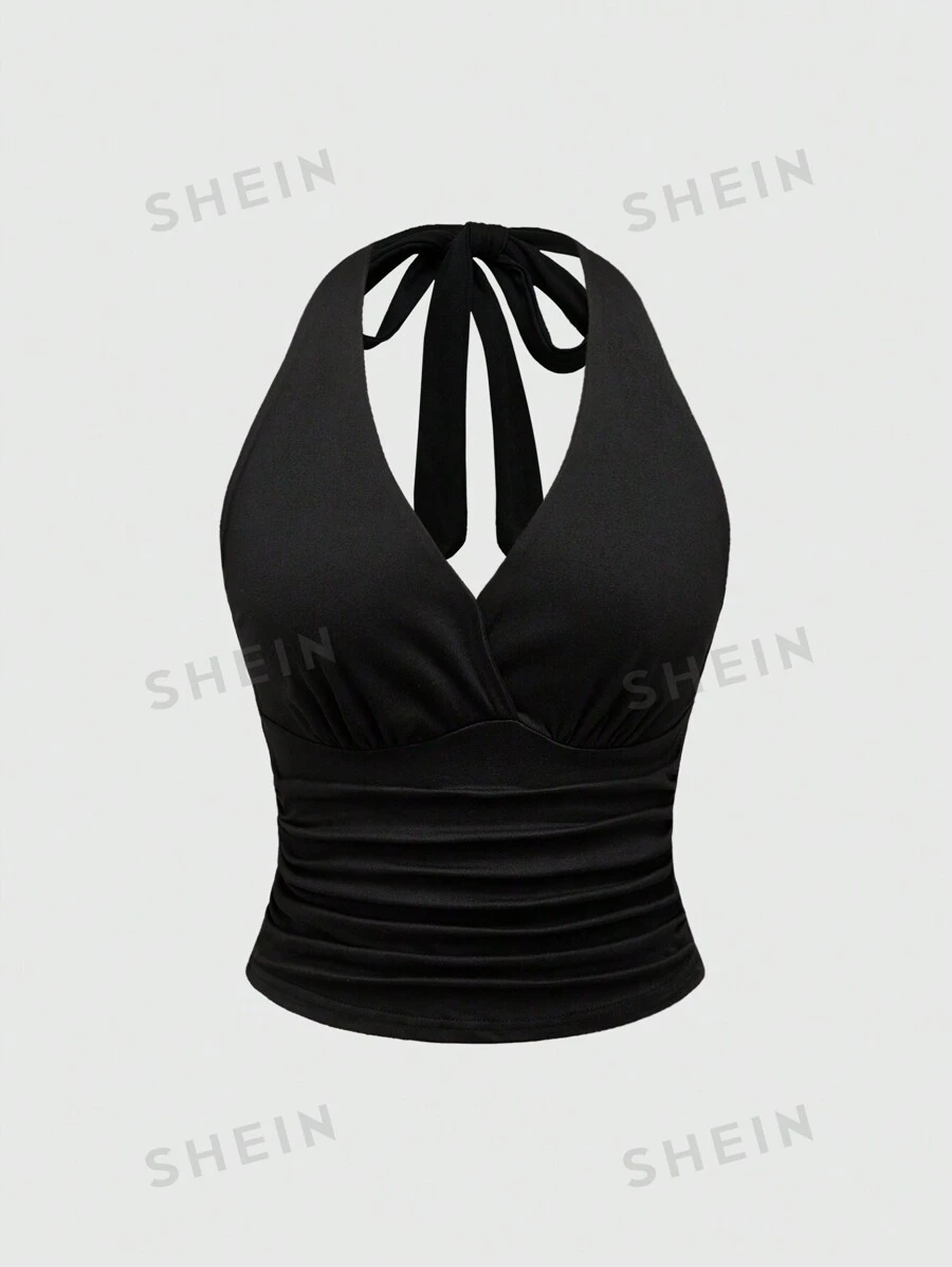 ROMWE Grunge Punk Top halter negro sólido con lazo en la espalda para mujer, estilo Y2K - Negro - Ver 1