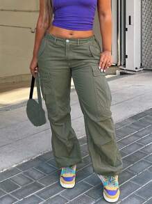 女士休闲直筒工装裤，拉链设计，水洗外观，适合所有季节