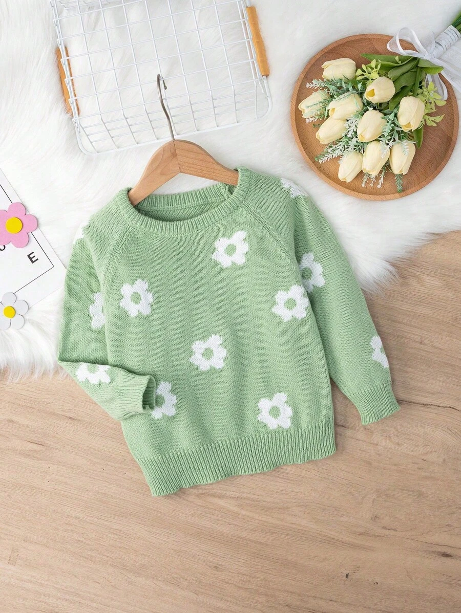 SHEIN 年轻女孩花卉印花圆领长袖宽松时尚毛衣 - 綠色 - 查看 1