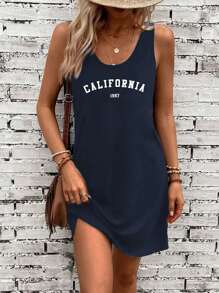SHEIN LUNE CALIFORNIA Letter Graphic Crop Top And Mini Skirt Set, Casual For Summer Suitable For Going Out - Navy Blue - View 3