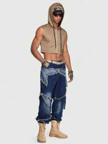 ROMWE MEN ROMWE Avant Men Raw Trim Flap Pocket Cargo Baggy Jeans