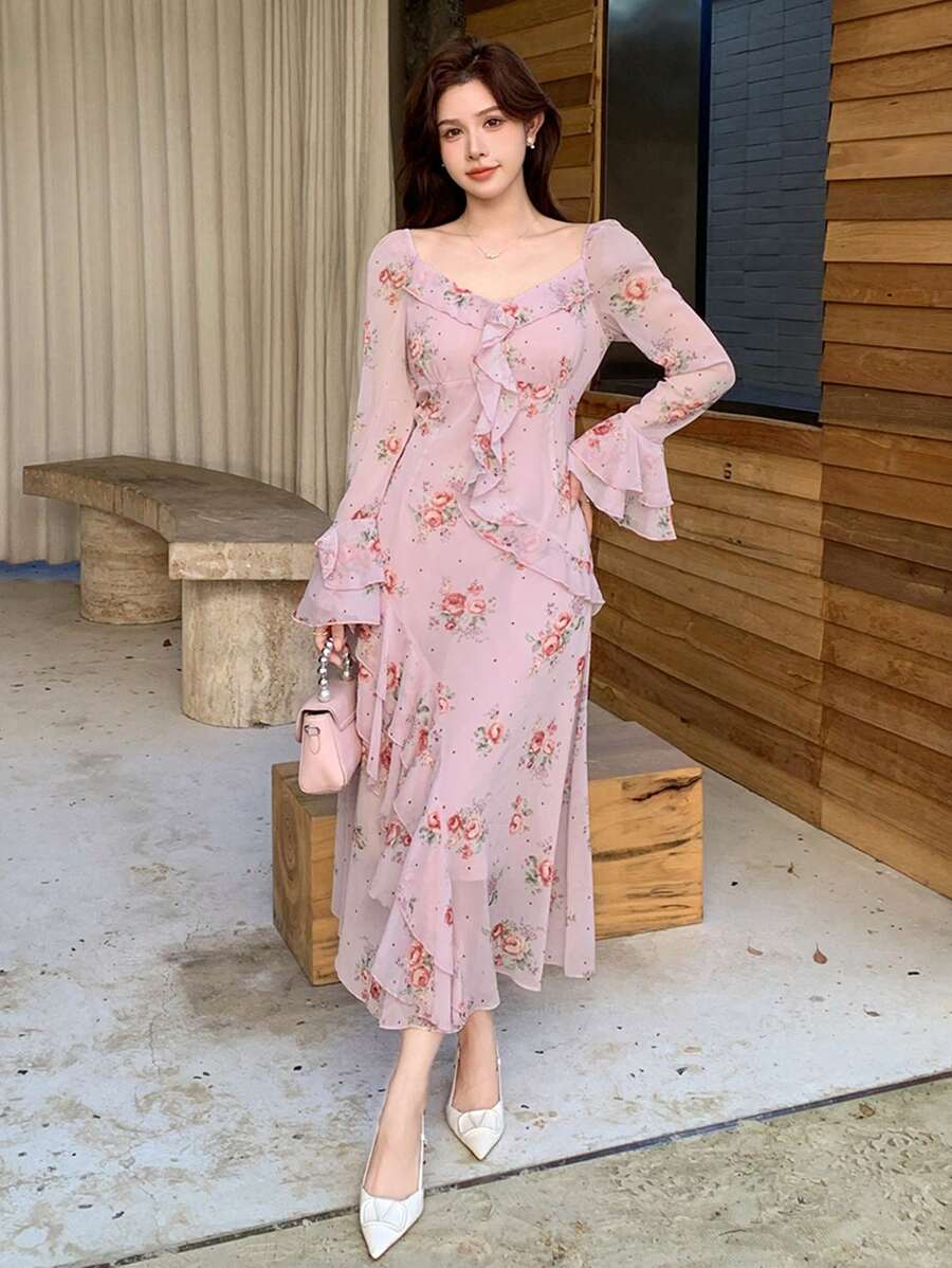 DAZY Damen Maxikleid mit Blumen Muster, Patchwork und Rüschen Ärmeln für den Urlaub