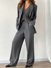 SHEIN EZwear 秋冬纯灰色西装外套、背心和裤子三件套 - 深灰色 - 查看 7