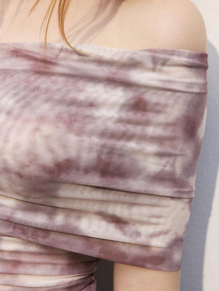 SHEIN Maija 1 pieza Blusa de ajuste ceñido con cuello asimétrico y efecto tie-dye de moda para mujer, otoño