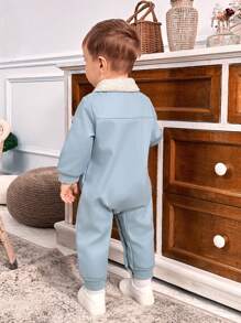 SHEIN 男婴纽扣长袖可爱纹理加厚羊毛连帽连体衣，带大口袋 - 藍色 - 查看 2