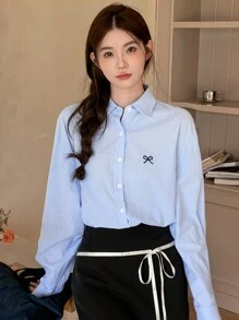 DAZY 女士春夏蝴蝶结条纹落肩长袖宽松休闲衬衫 - 粉色 - 查看 2