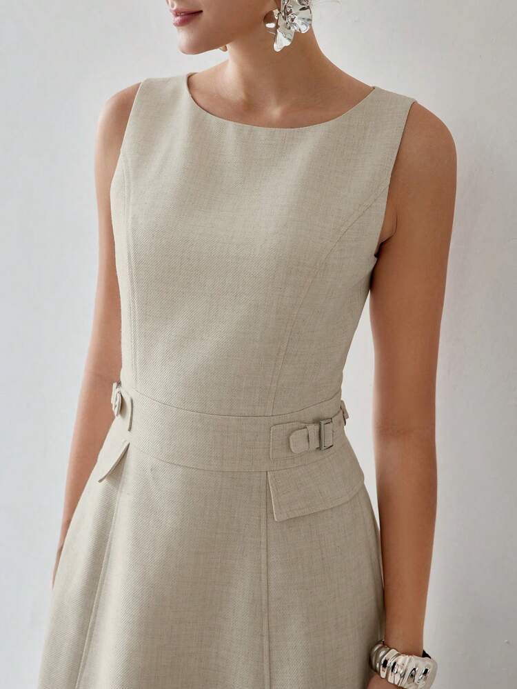 SOLID BUCKLE WAIST FLARE HEM MIDI DRESS