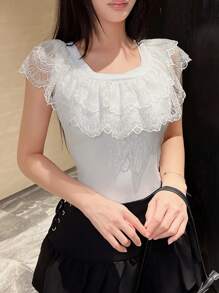 SHEIN Unity 女士夏季單色蕾絲T卹，帶有荷葉邊