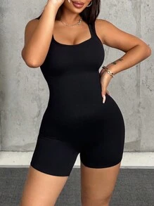 VaVaBold Women Summer Fall Casual Seamless Knit Solid Color Sports Outdoor Tight Romper Unitard Jumpsuit - Black - View 5