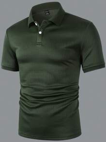 Manfinity Homme Men's Casual Solid Color Short Sleeve Polo Shirt For Commuting, Summer, Knitted Polo Shirt, Men's Textured Polo Shirt, Men's Short Sleeve Polo Shirt, Buttoned Polo Shirt - Army Green - View 5