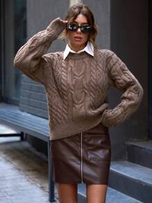 EURMUSE Cable Pattern Sweater - Brown - View 6