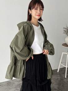 FRIFUL Women's Solid Zip Front Drop Shoulder Ruffle Hem Hooded Light Jacket, Spring Autumn,Fall Women Clothes Women Coats - Green - View 4