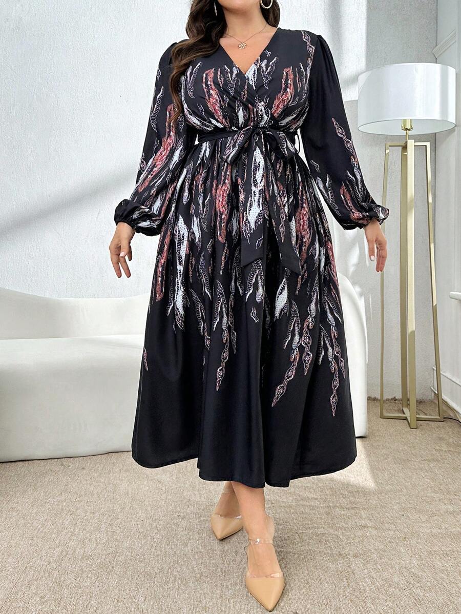 Modelyn Plus Size Long Sleeve Allover Print Tie Front Dress, Casual Resort, Elegant Party Evening A Line Dresses Maxi Women Outfit Long Evening Dresses - Multicolor - View 1
