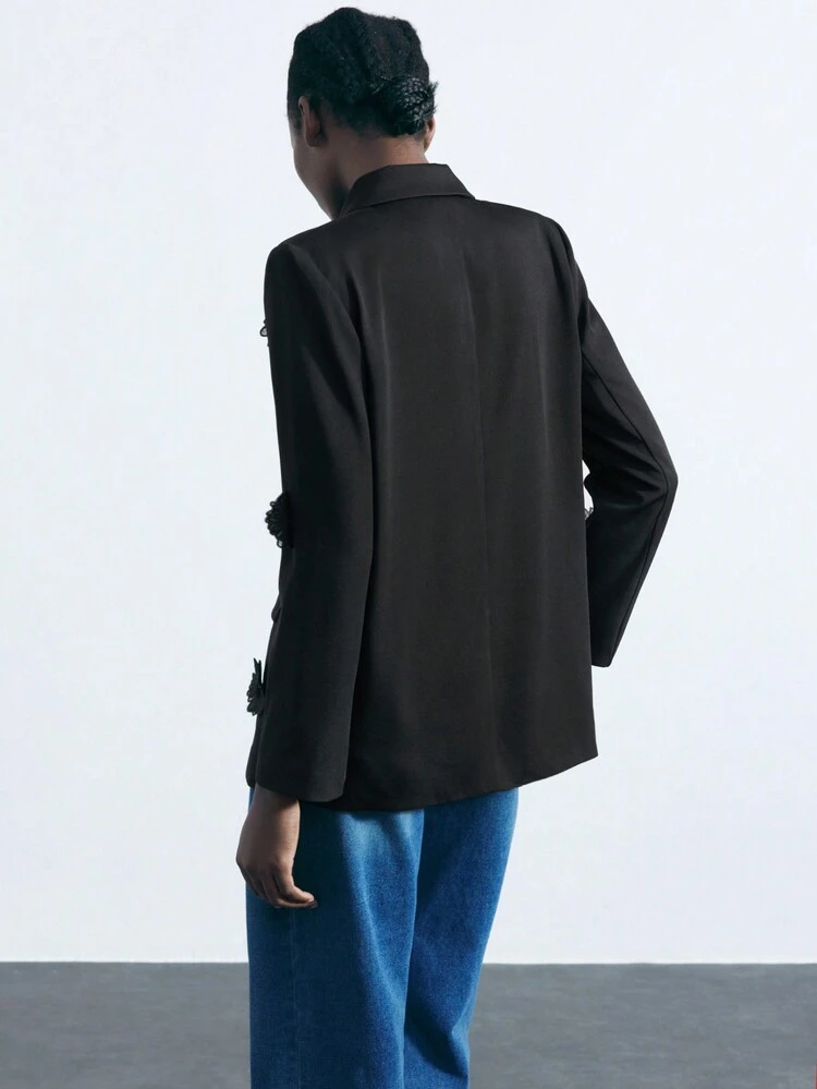 SHEIN Maija Blazer à manches longues décoratif floral 3D minimaliste unicolore pour femmes, usage quotidien