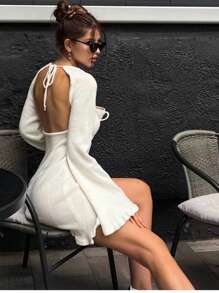 INAWLY Women Lace-Up Backless Long Sleeve Sweater Dress Spring Summer - White - View 6
